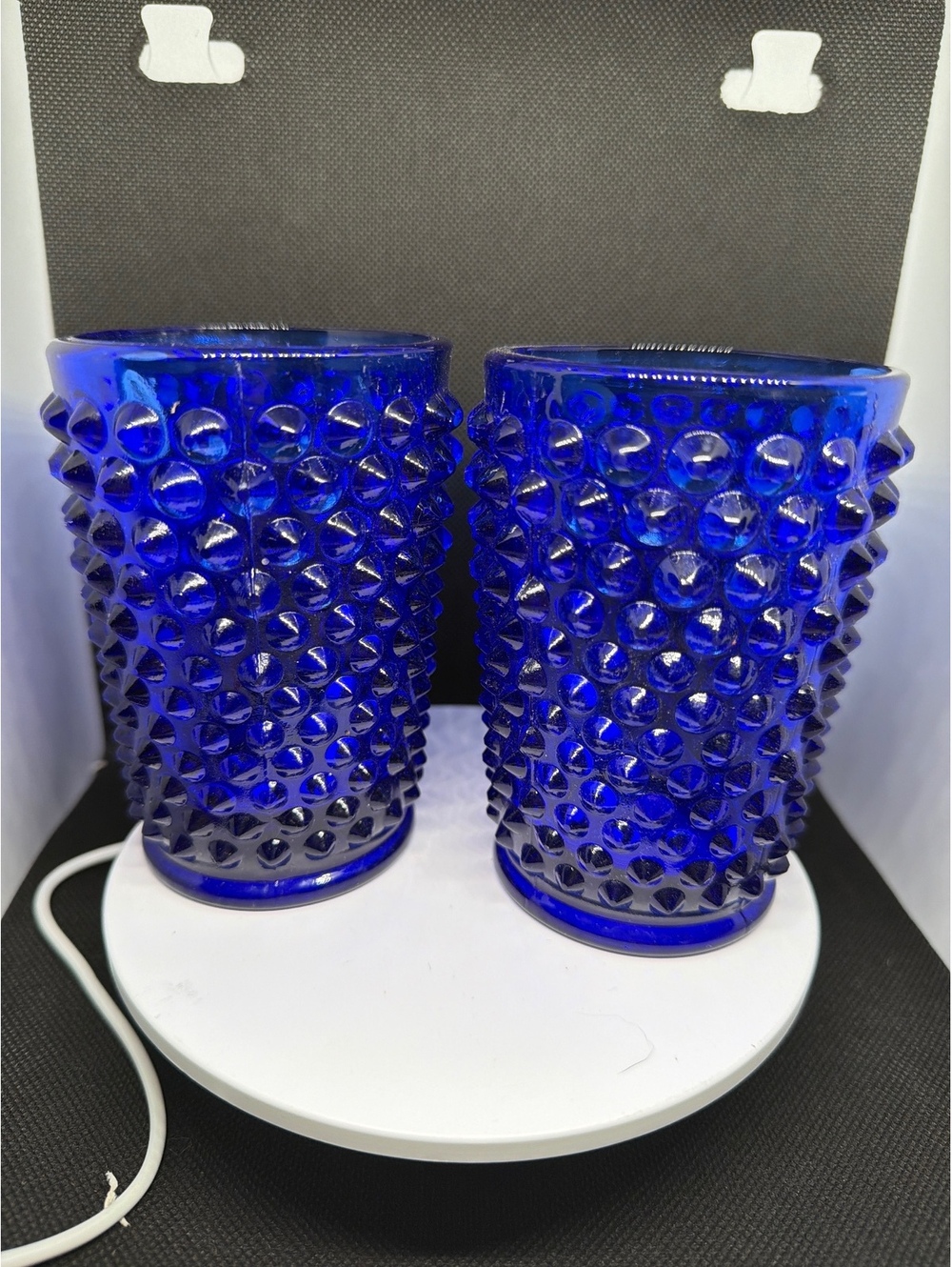 Pair of cobalt blue hobnail tumblers